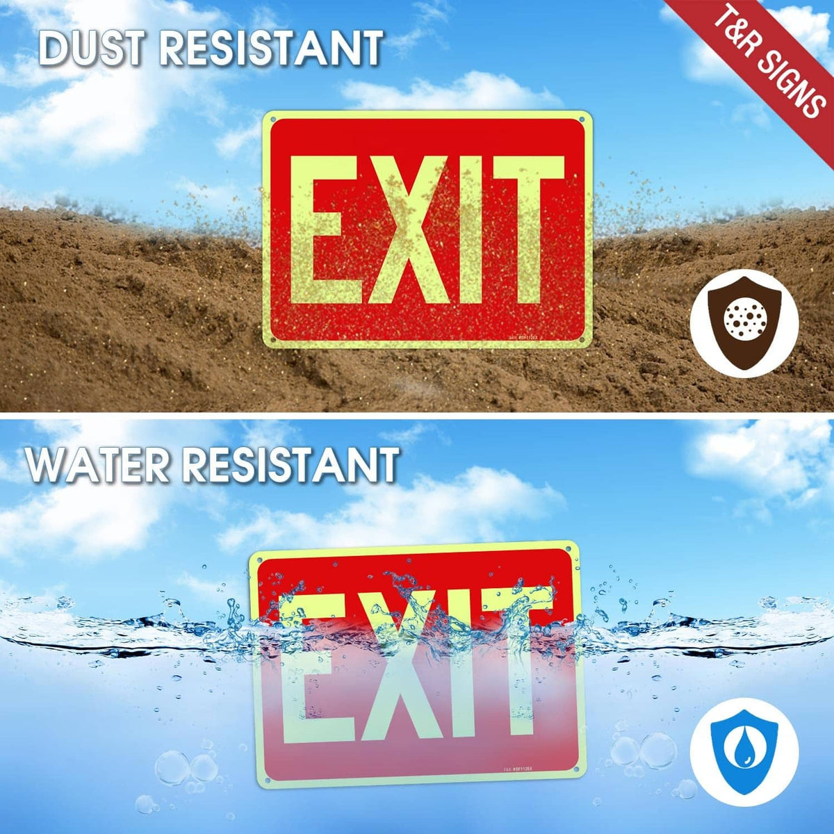 Red EXIT safety sign with dust- and water-resistant icons and green glow border