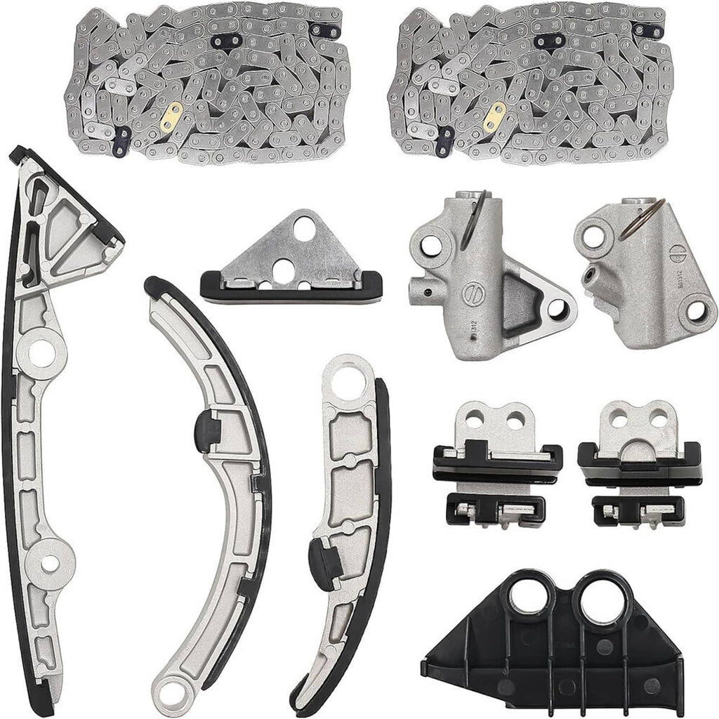 Timing chain kit with metal timing chains, guides, tensioners, and mounting brackets