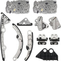 Timing chain kit with metal timing chains, guides, tensioners, and mounting brackets