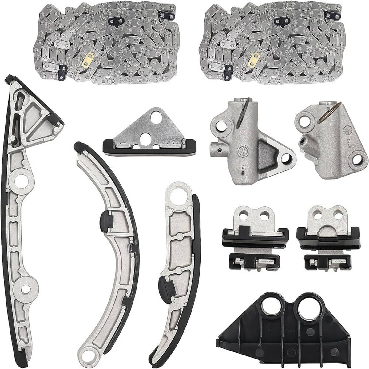Timing chain kit with metal timing chains, guides, tensioners, and mounting brackets