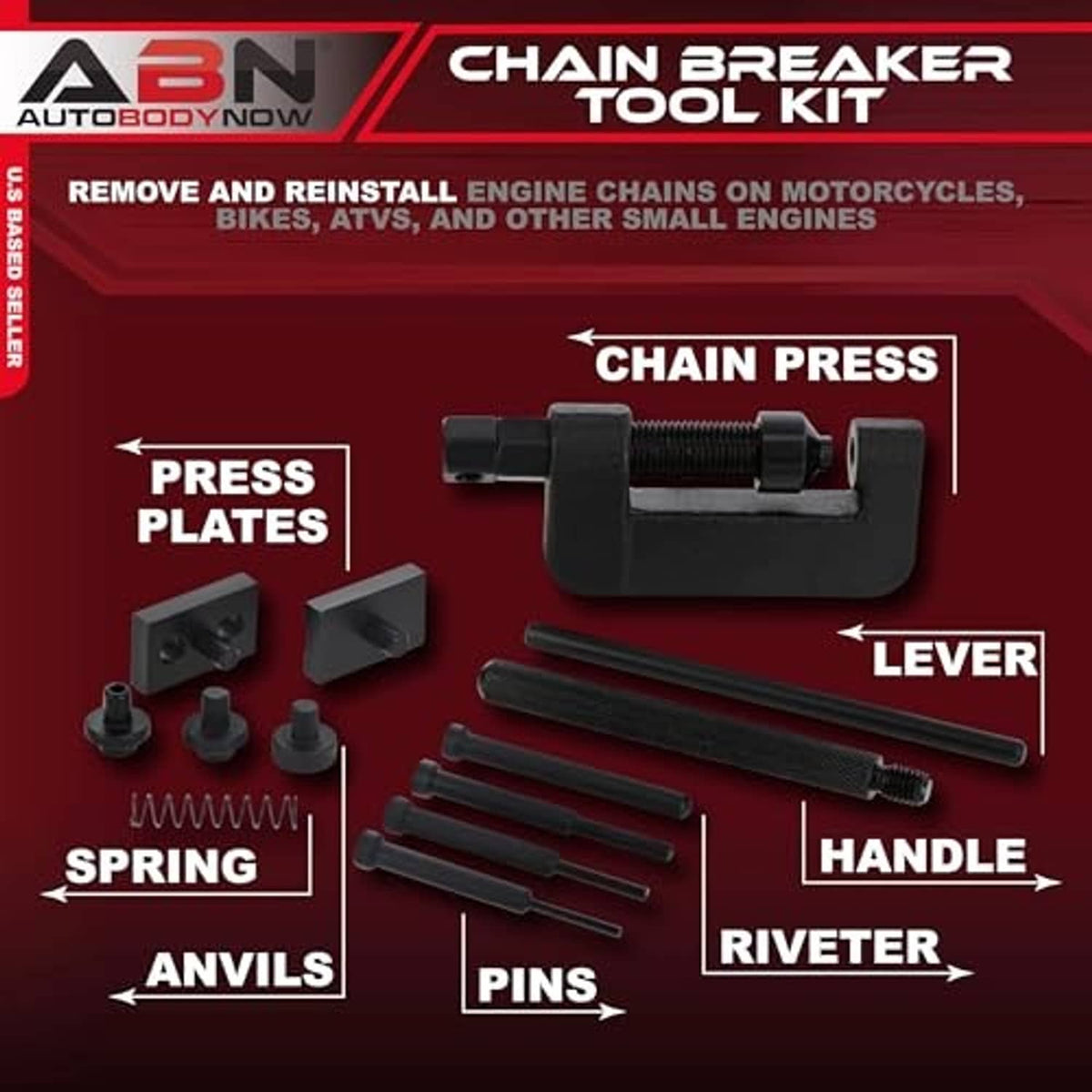 Chain breaker tool kit diagram showing press plates, lever, handle, riveter parts