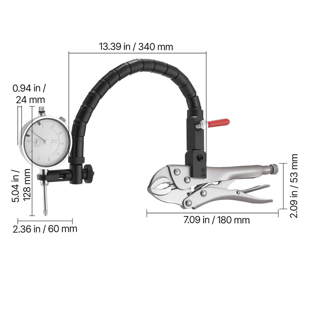 Dial test indicator size diagram showing flexible arm loop, clamp, and dial gauge probe