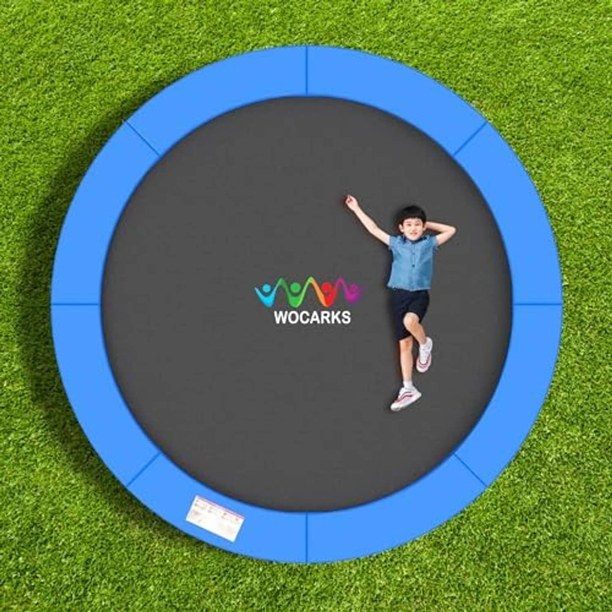 Round trampoline replacement pad with blue edge and dark gray mat top surface