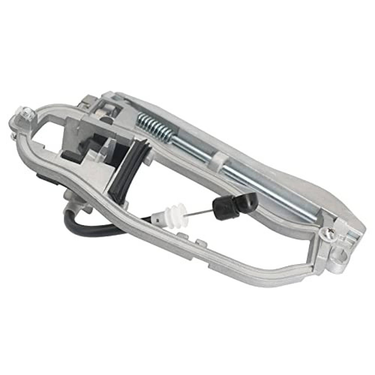 Front door handle carrier underside view with metal spring and black wiring