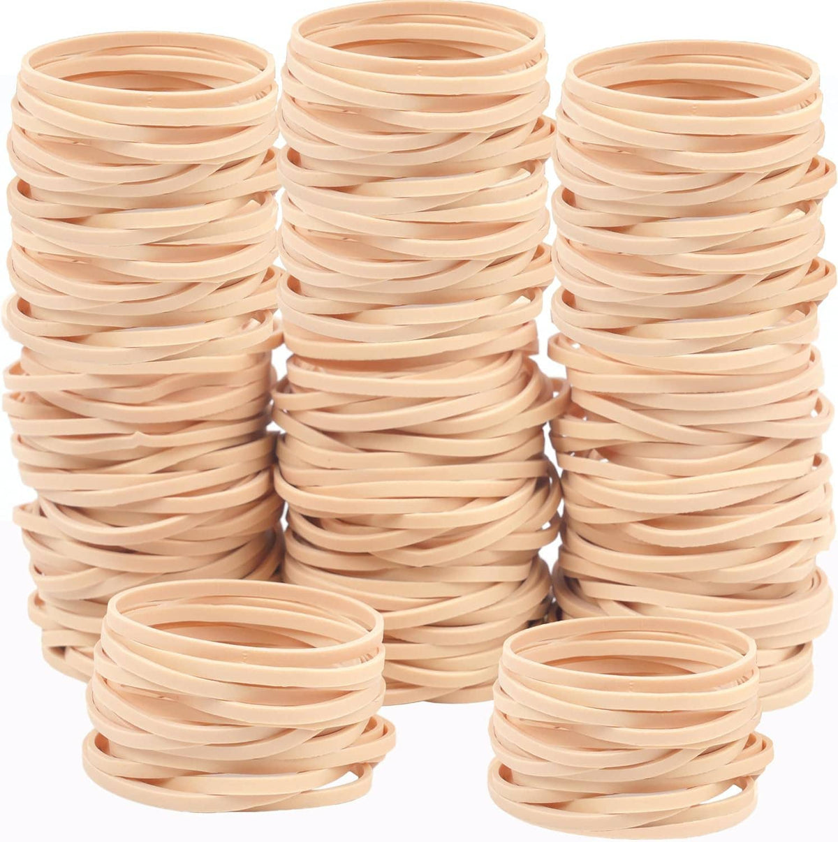 Beige elastic rubber bands in stacked rolls for office supplies