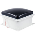 RV roof vent fan with dark lid and white housing, 14-inch square mount