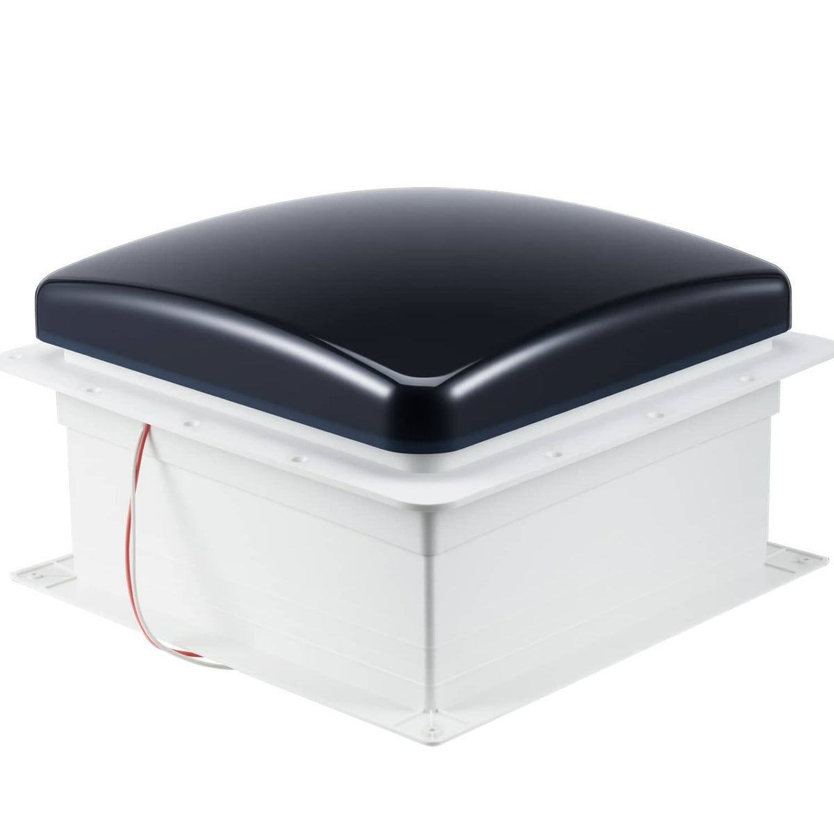 RV roof vent fan with dark lid and white housing, 14-inch square mount