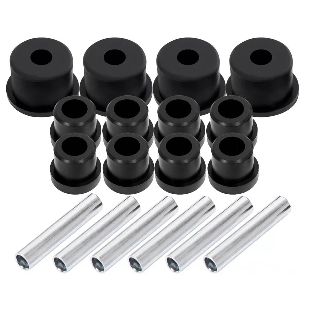 18-piece set of black leaf spring bushings and silver steel sleeves on a white background