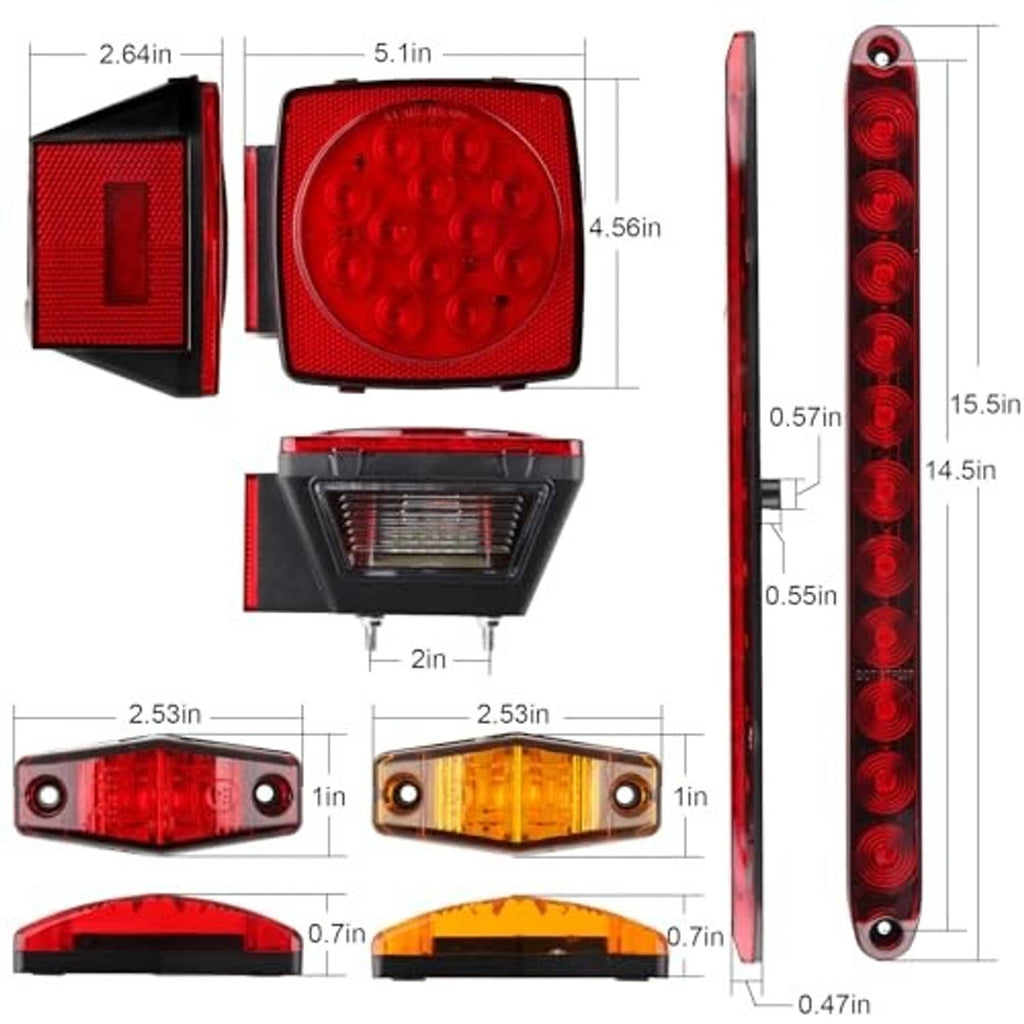 Square red LED trailer lights and amber side marker LEDs with size measurements diagram