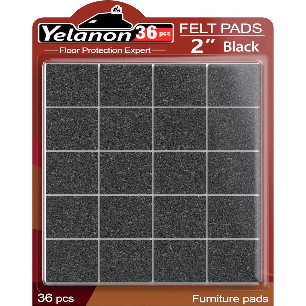 Yelanon 36-pack black felt furniture pads, square 2-inch floor protectors in box