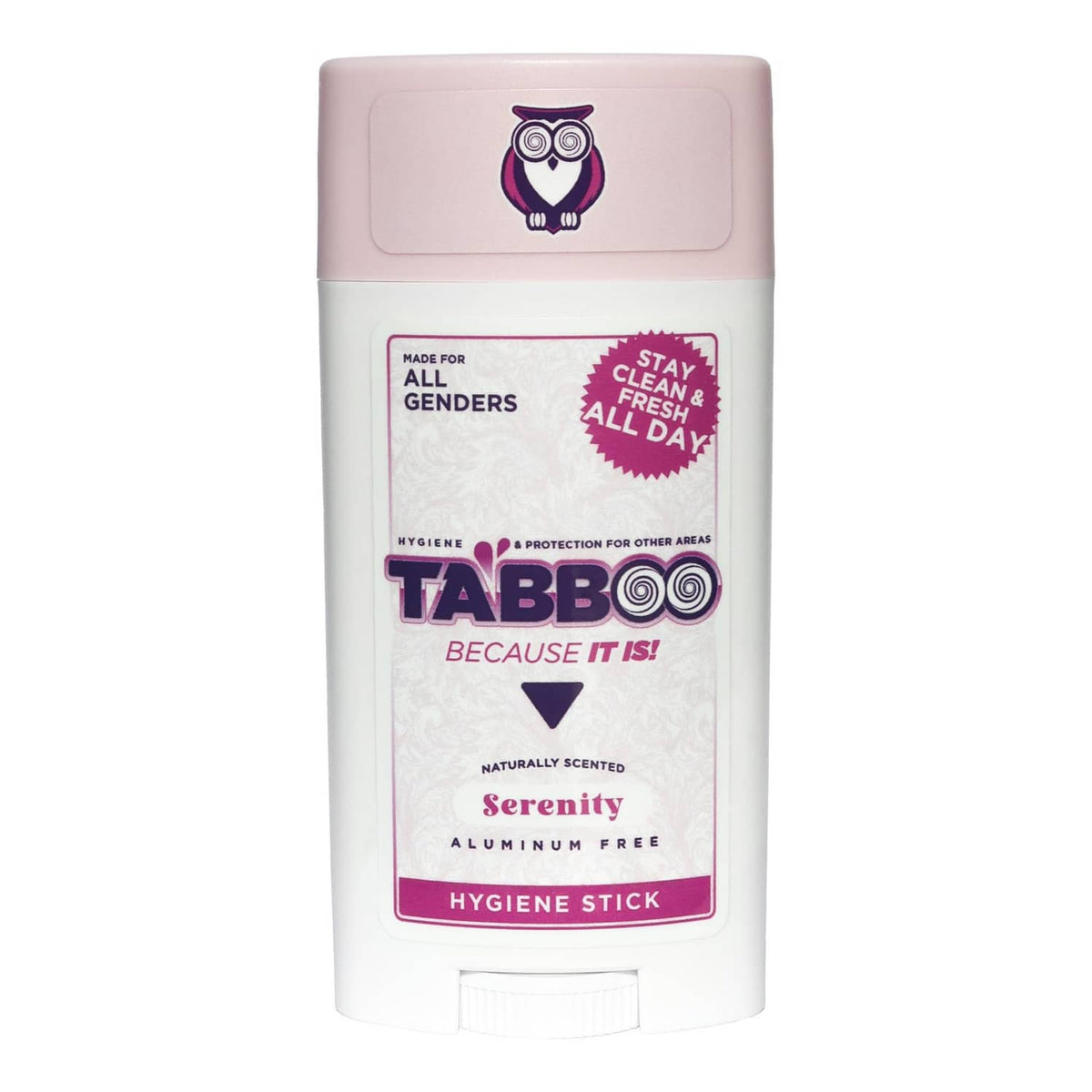 Hygiene stick deodorant, pink Serenity label with owl icon and aluminum-free badge
