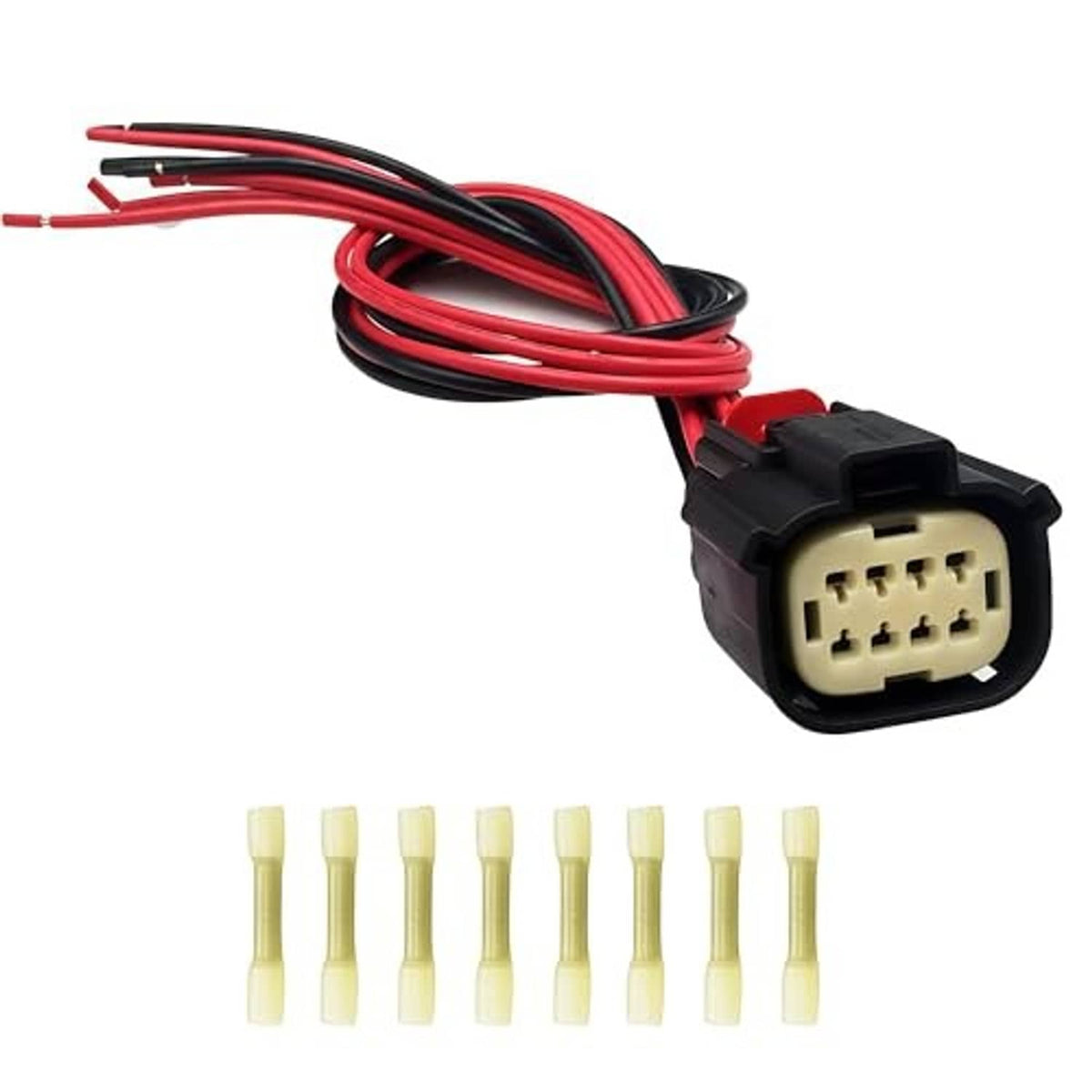 8-pin headlight wiring connector pigtail with red/black wires and beige plug housing