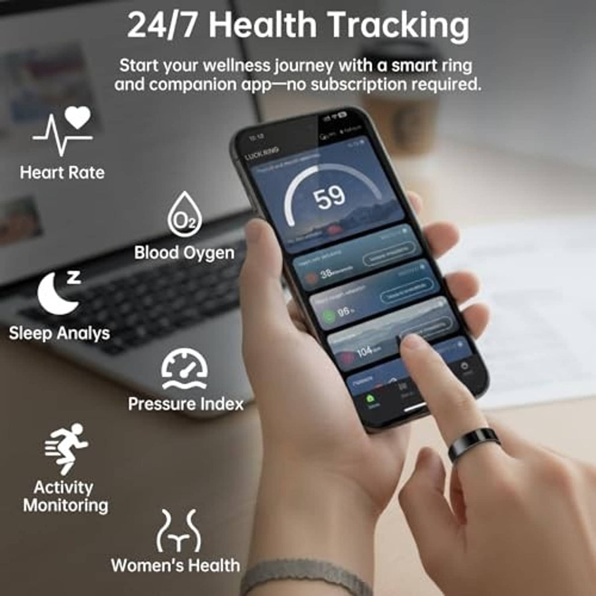 Smartphone app screen for health tracking with heart rate and sleep metrics