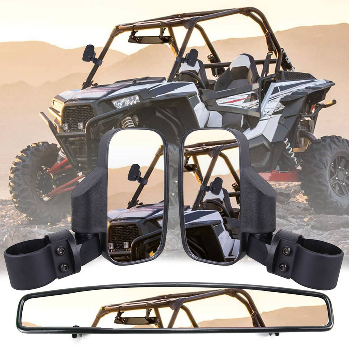 Mounted UTV mirrors on roll cage: two side mirrors and a center rearview mirror