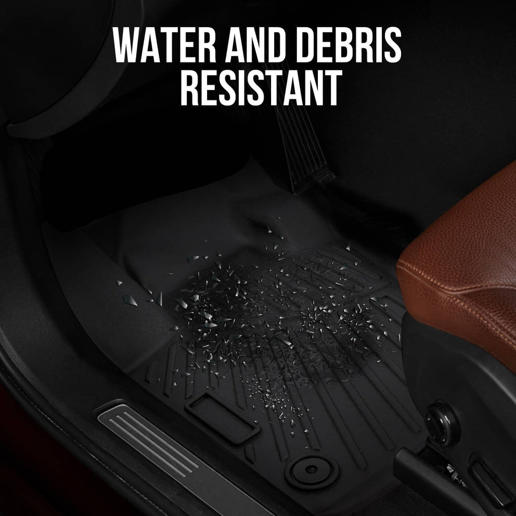 Close-up of black floor mat with raised texture to help resist water and debris