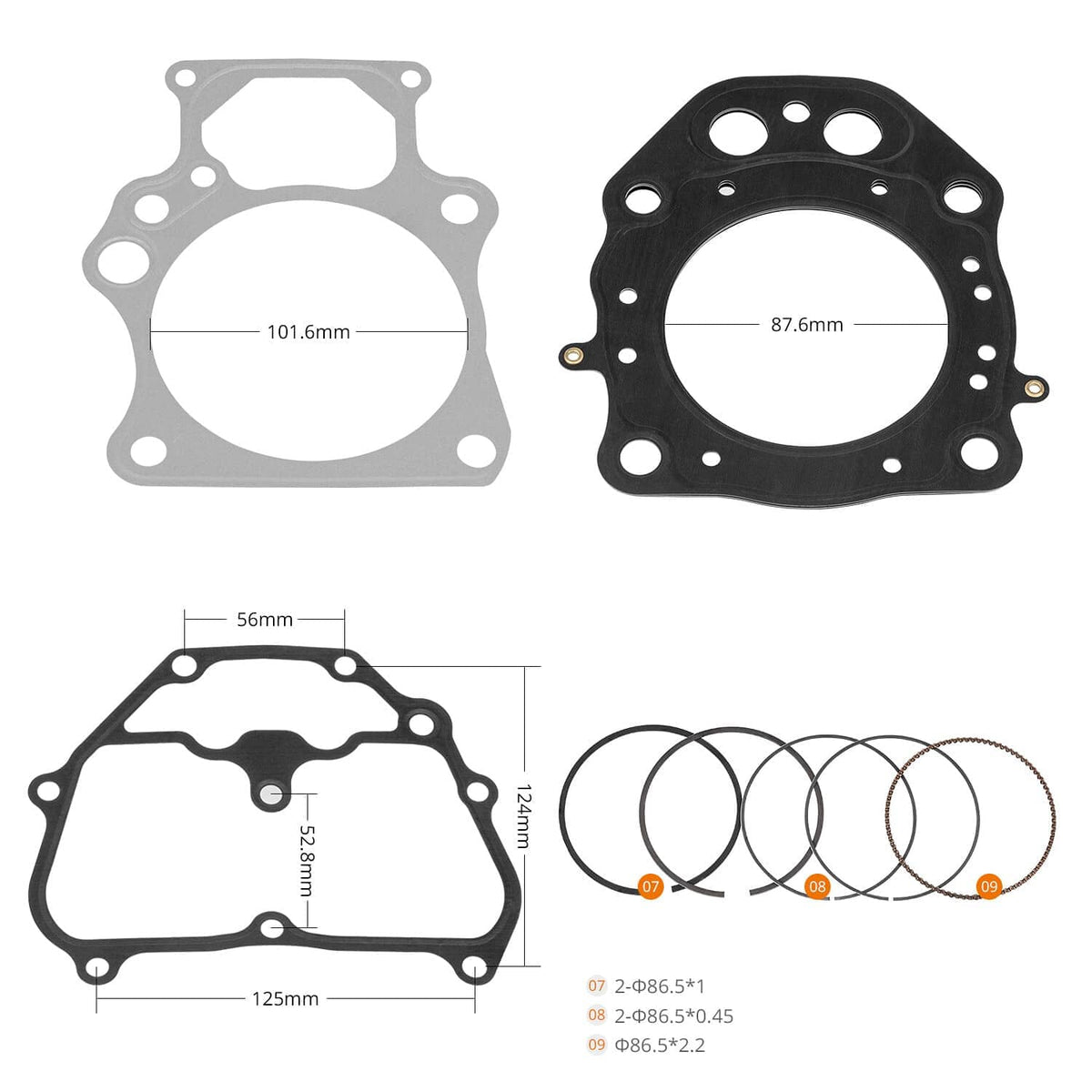 Top end rebuild kit gaskets and piston rings with size diagram on white background