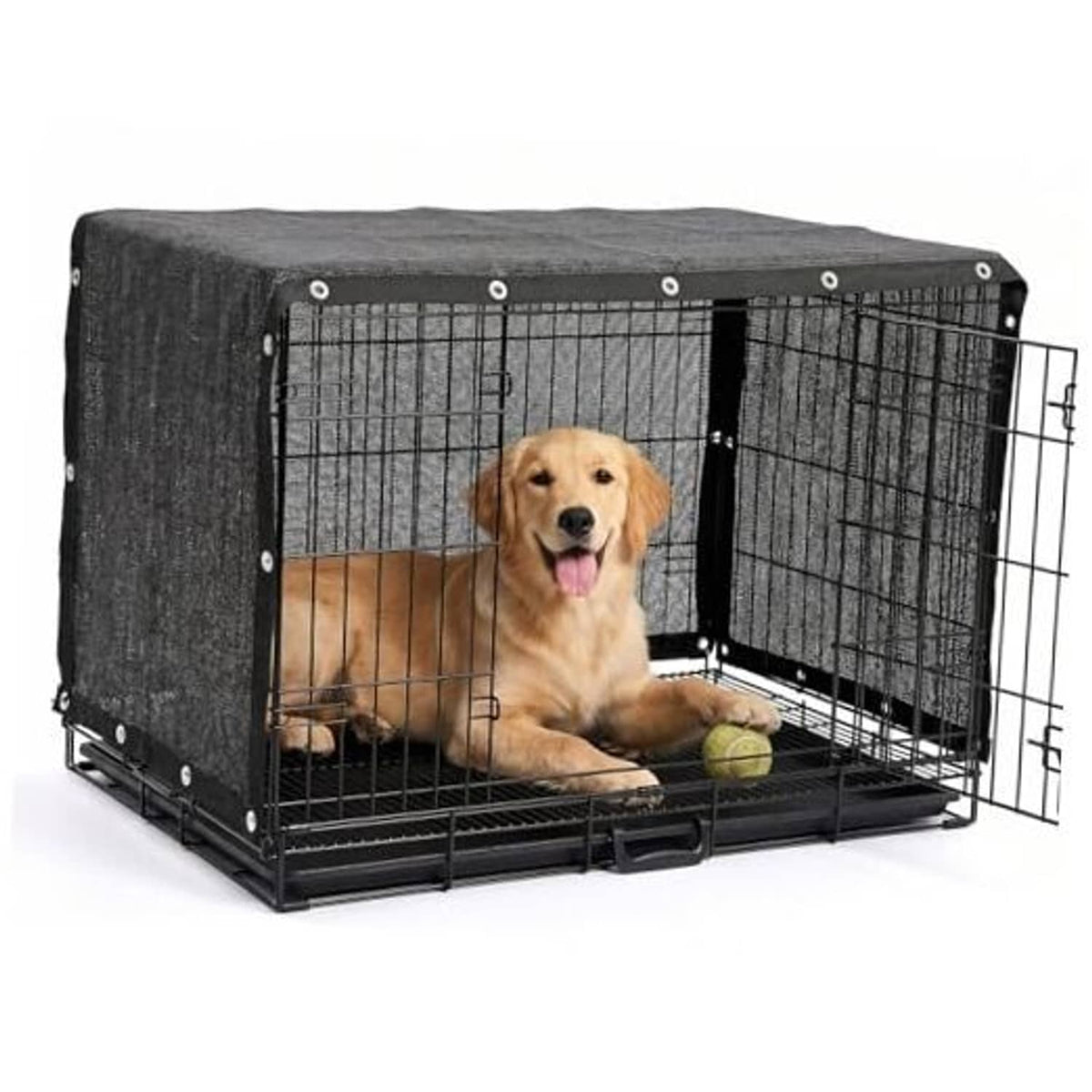 Black dog kennel shade cover over wire dog crate with dark fabric panels