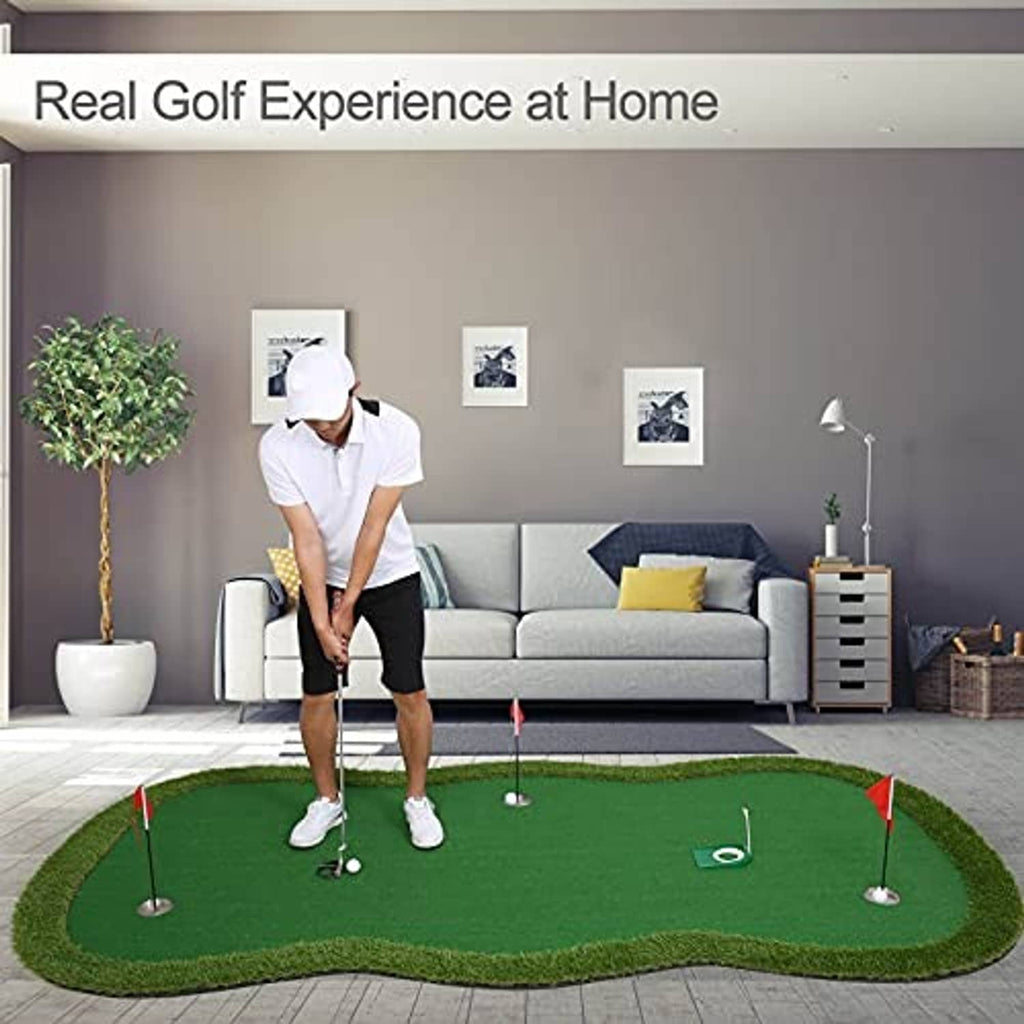 Green putting practice mat with multiple hole cups and pin flags in living room