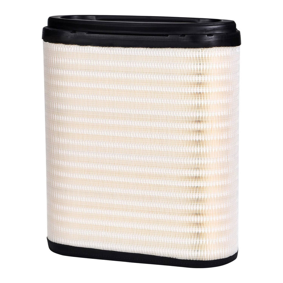 Engine air filter cartridge front view, white pleated filter with black base ring