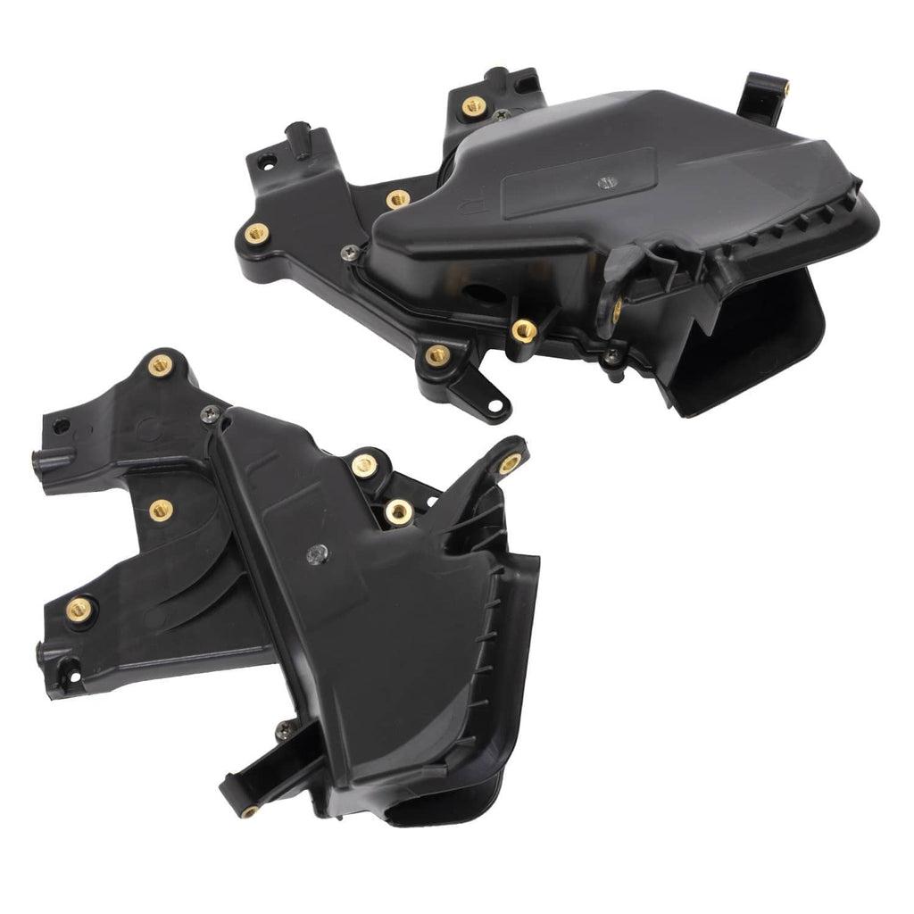 Pair of black glove box assemblies with vented edges and corner mounting points