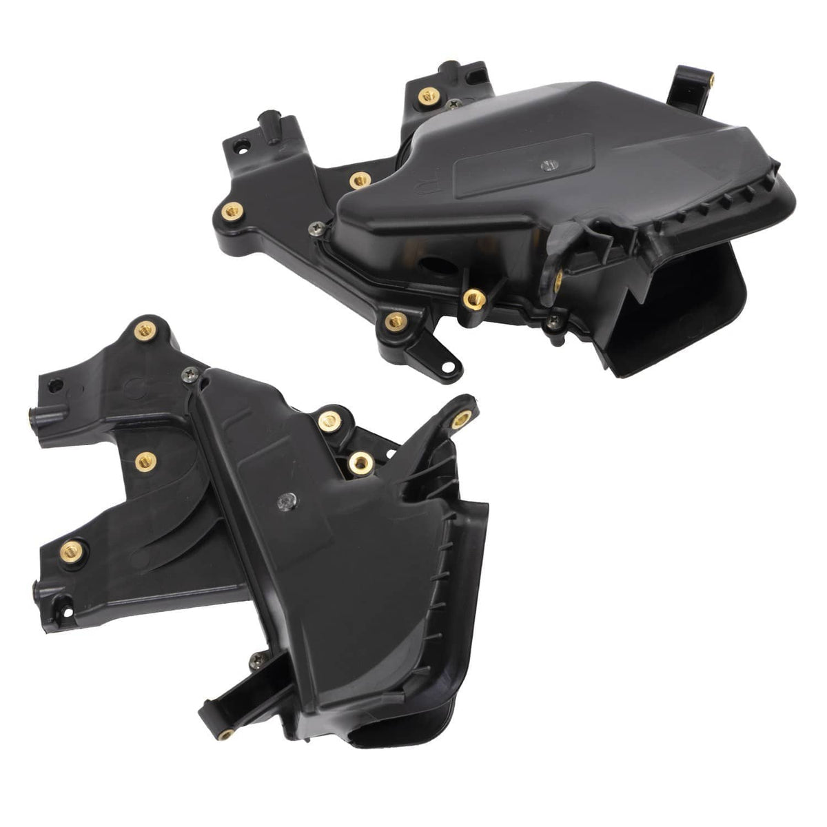 Pair of black glove box assemblies with vented edges and corner mounting points