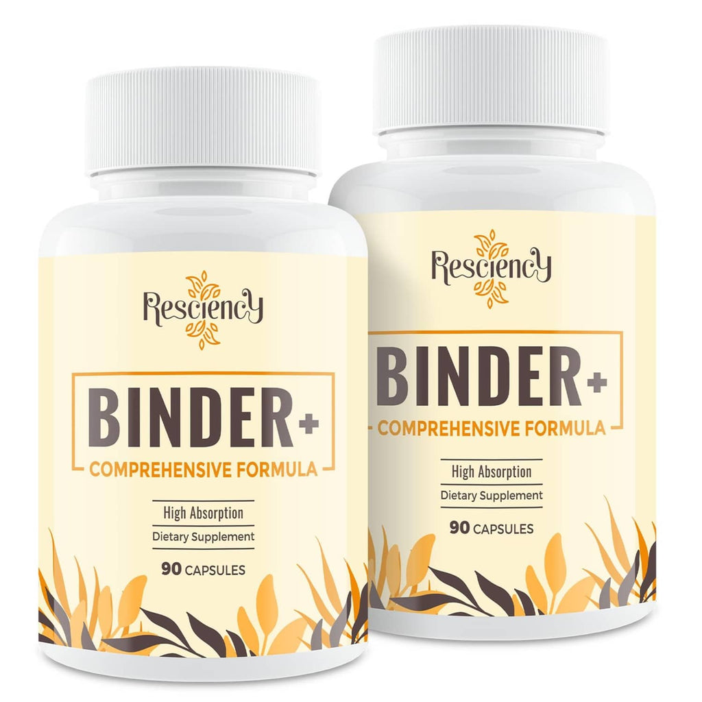 Binder+ detox supplement bottles with white caps, front label visible (2-pack).
