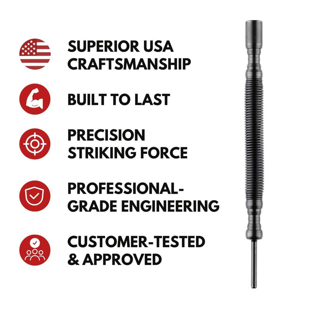 Straight hinge pin tool with black spiral spring shaft and steel punch end