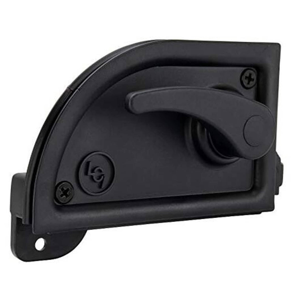 Black RV screen latch with curved pull handle and side mounting tab