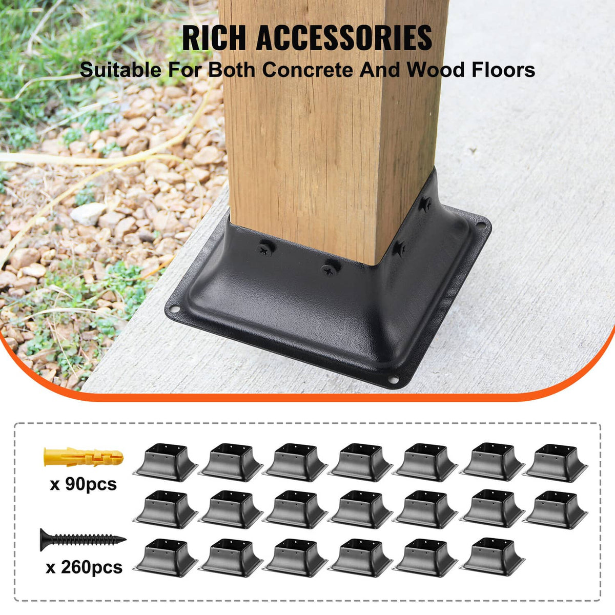 Black steel wood post base bracket with screw holes, accessory pack of 30 brackets