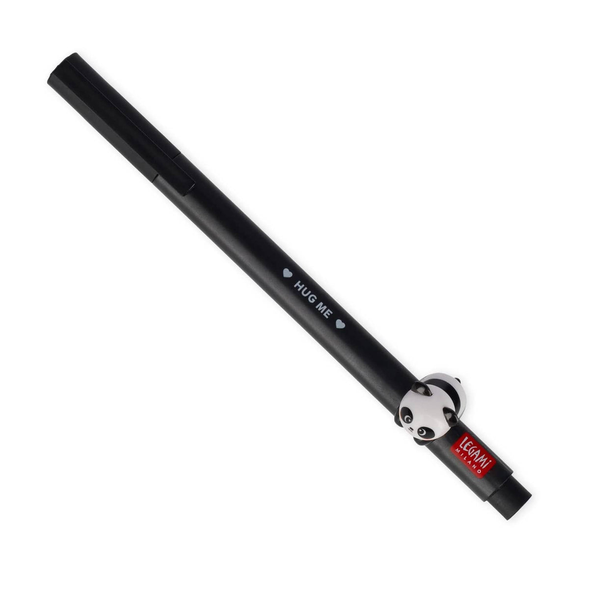 Black gel pen with panda charm topper and Hug Me text, black ink.