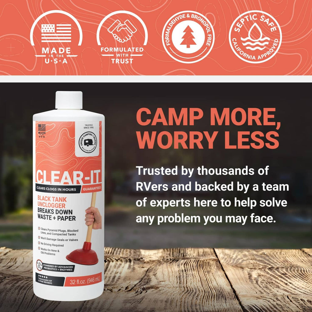 Clear-It black tank unclogger liquid bottle with orange label, red banner, and badge icons