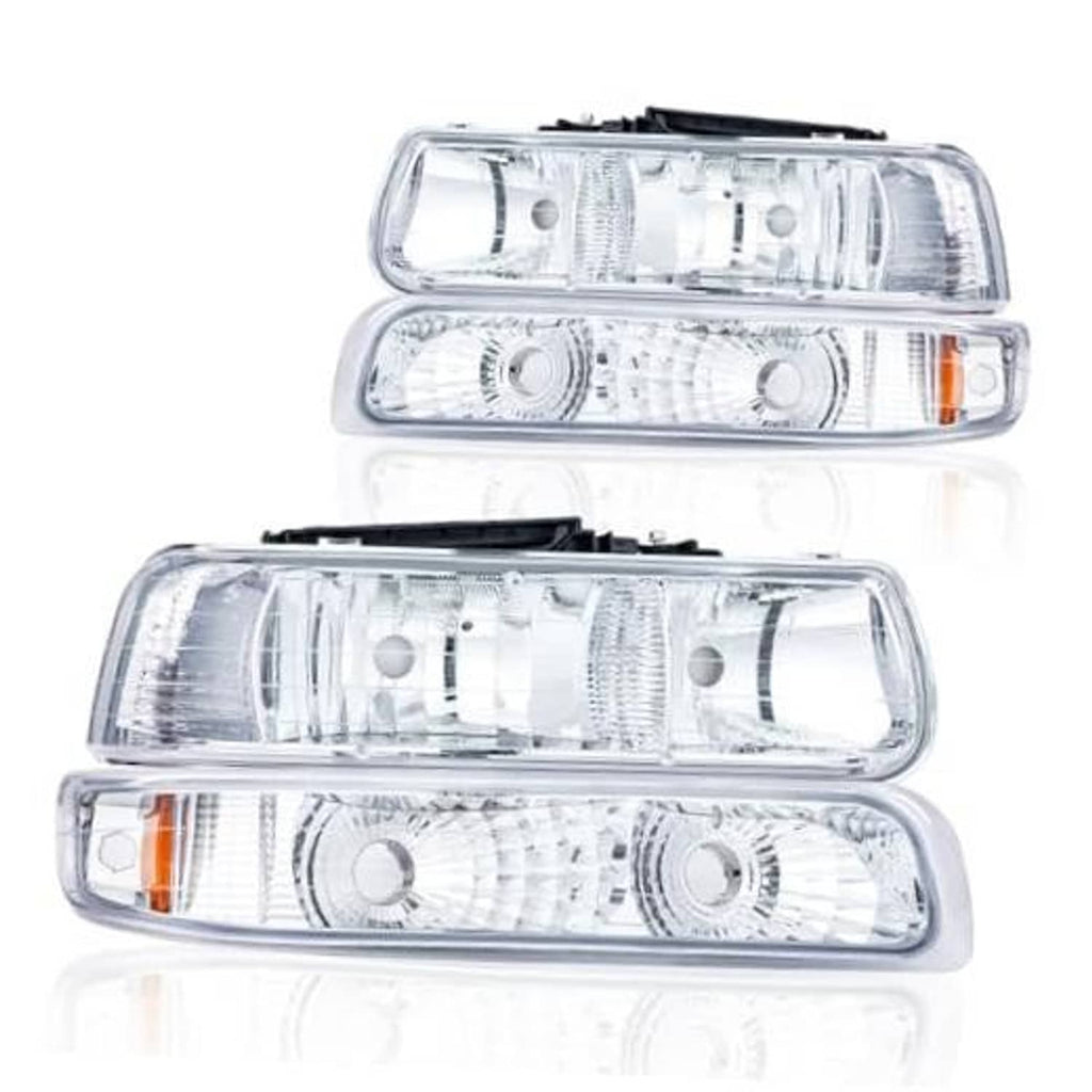 Chrome headlight assemblies with clear lenses and amber reflectors, stacked pair