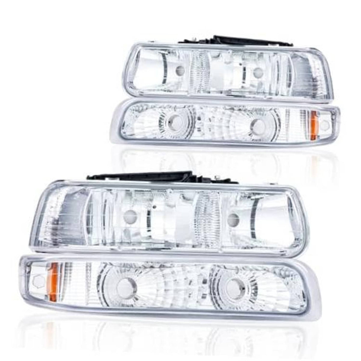 Chrome headlight assemblies with clear lenses and amber reflectors, stacked pair
