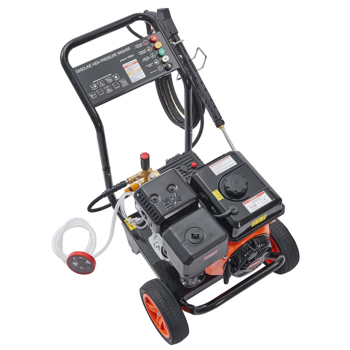 Compact gas pressure washer unit with black frame, orange wheels, and wand