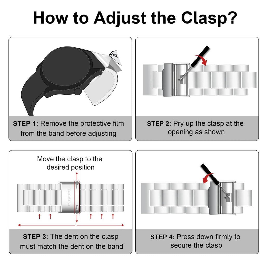 Stainless steel watch clasp adjustment steps with strap and clasp shown
