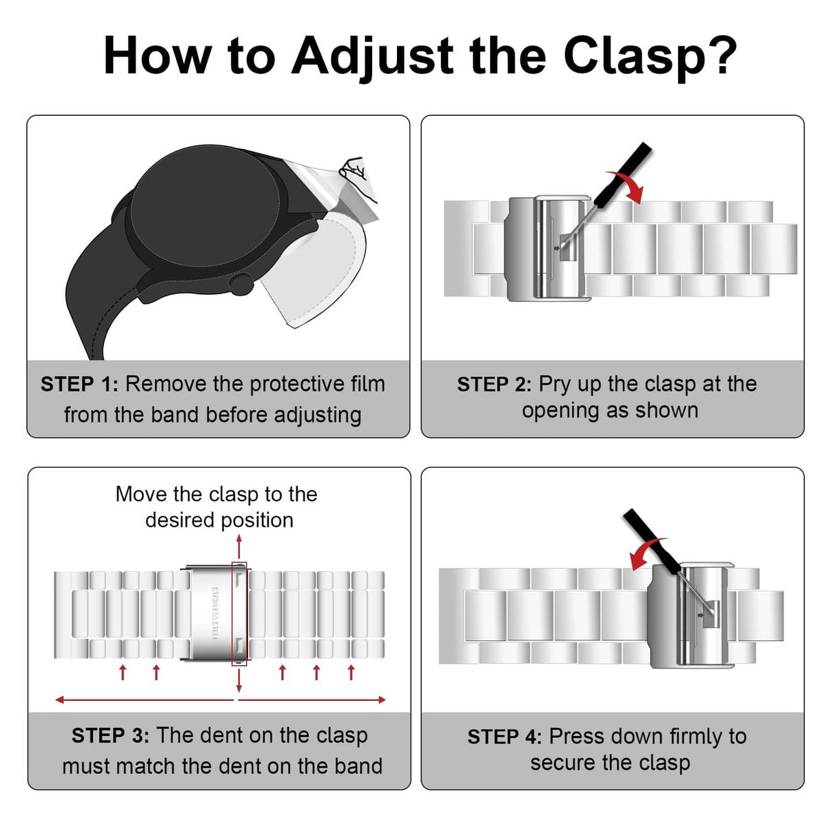 Stainless steel watch clasp adjustment steps with strap and clasp shown