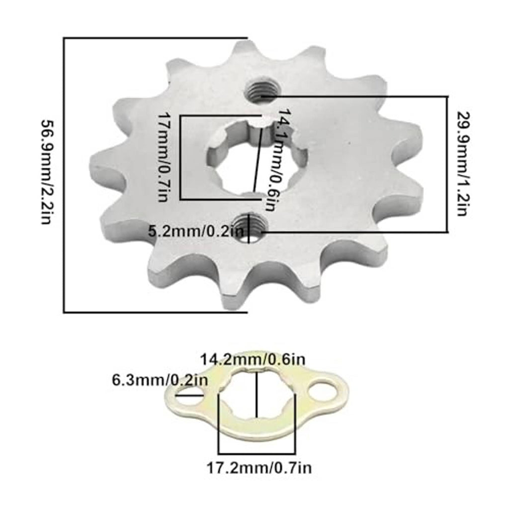 420-13T front sprocket dimensions diagram with gasket sizes and bolt measurements