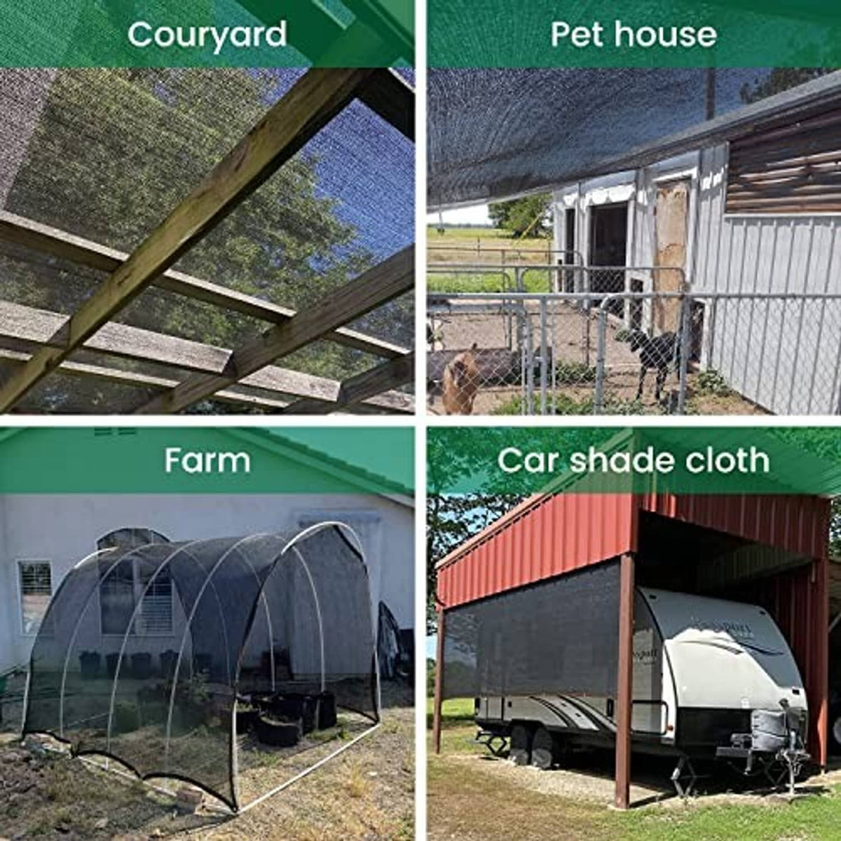 Sun shade cloth covering outdoor spaces like courtyard, pet area, farm, and vehicles