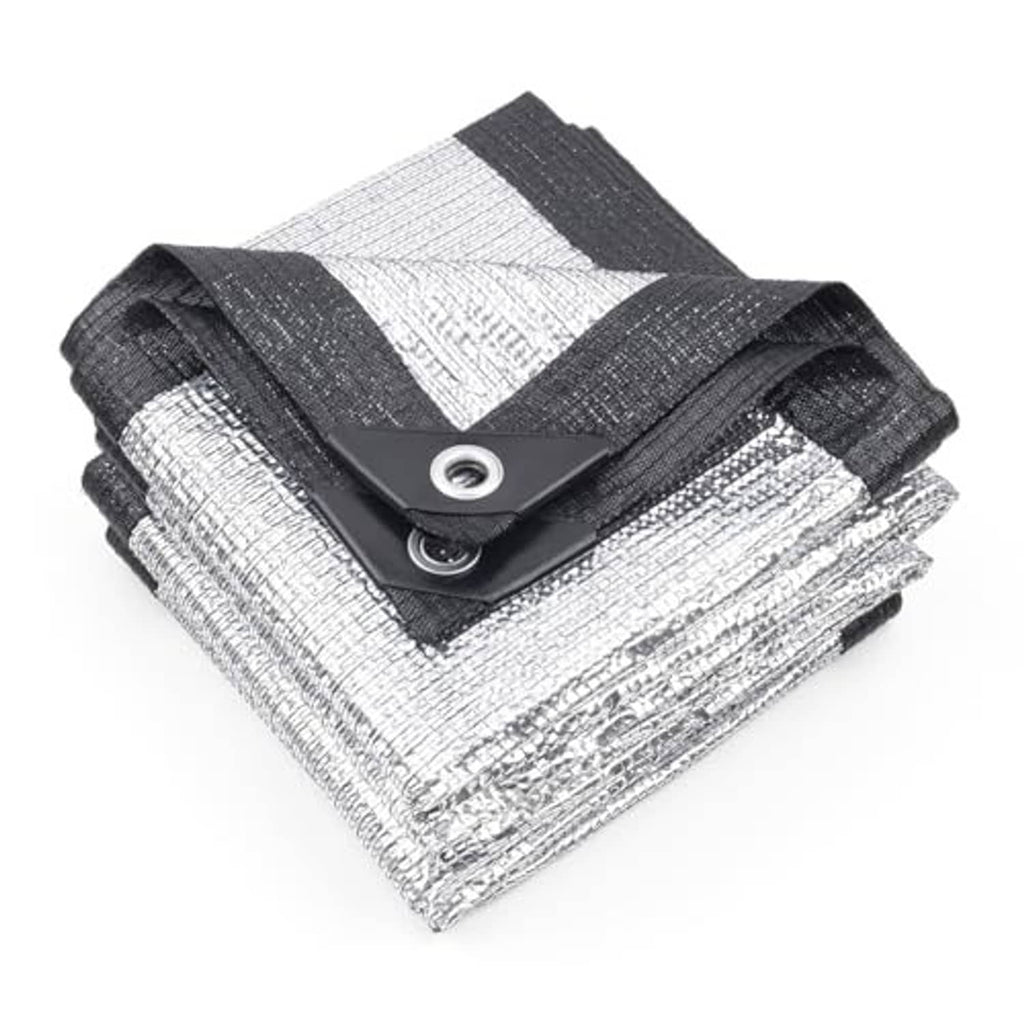 Folded silver reflective shade cloth tarp with dark gray webbing and corner grommet