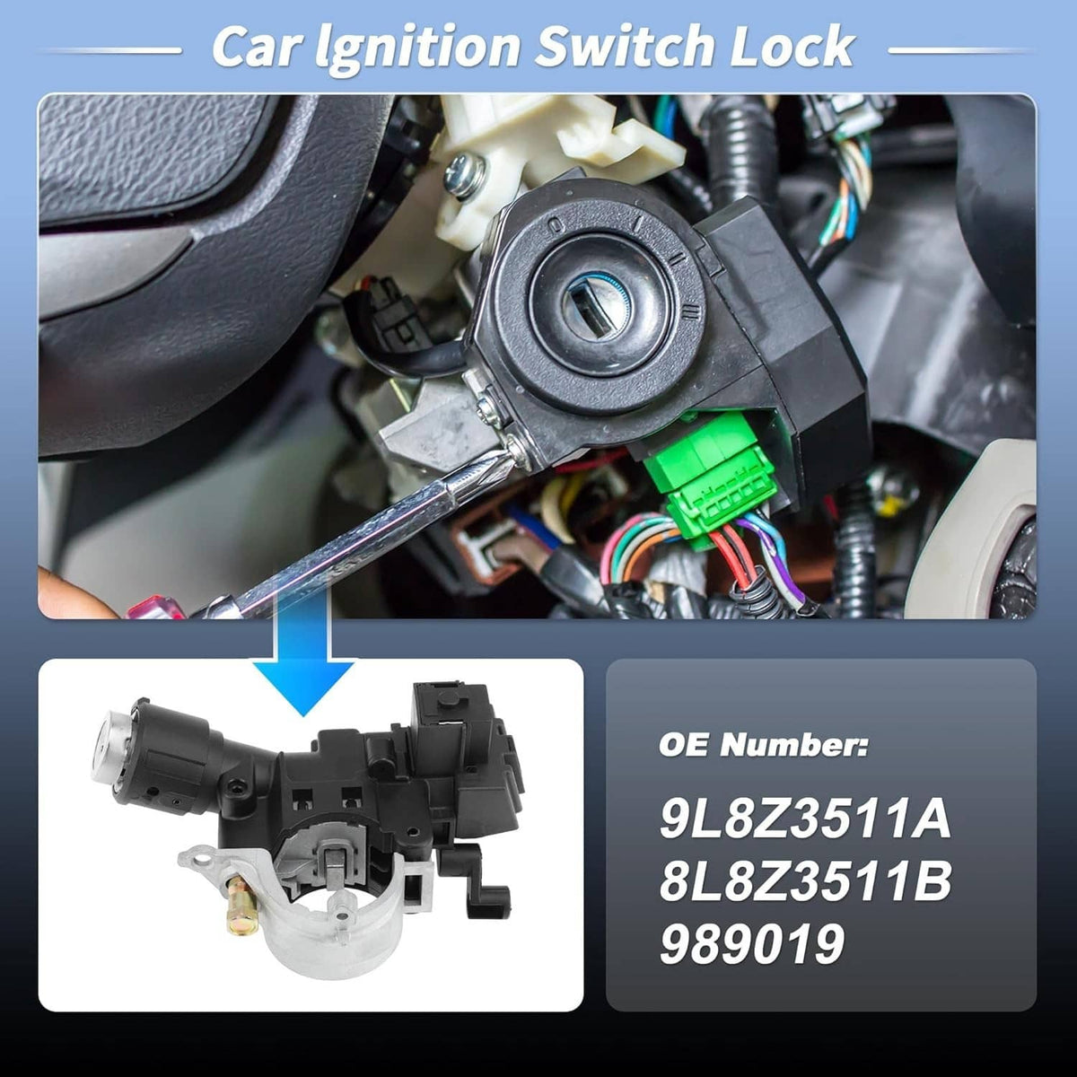 Ignition switch lock cylinder with 2 keys, shown installed near steering column wiring