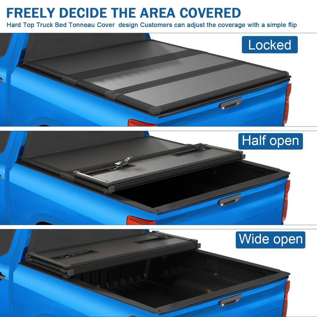 Hard tri-fold tonneau cover shown in locked, half-open, and wide-open positions
