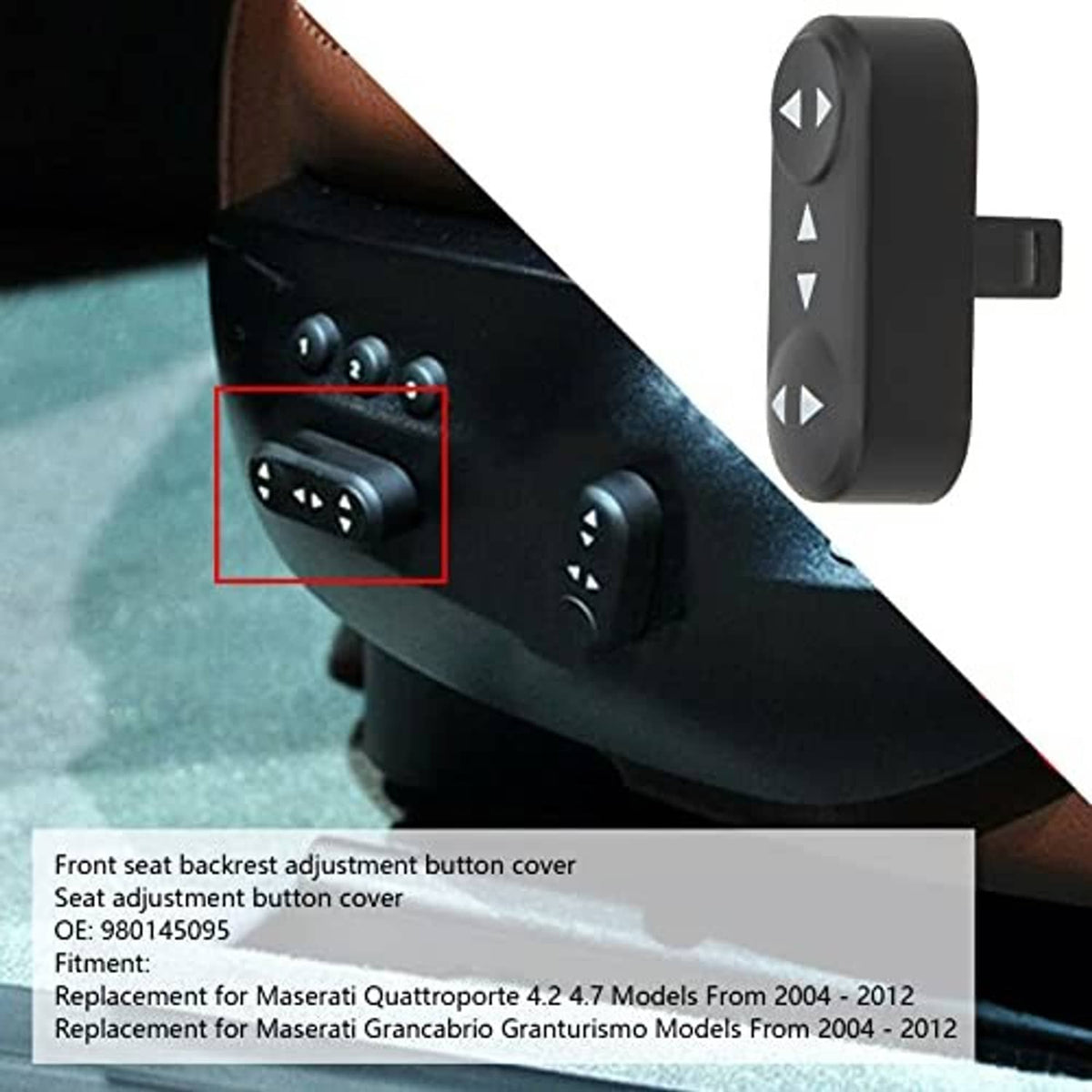 Black front seat adjustment switch cover with triangular directional icons
