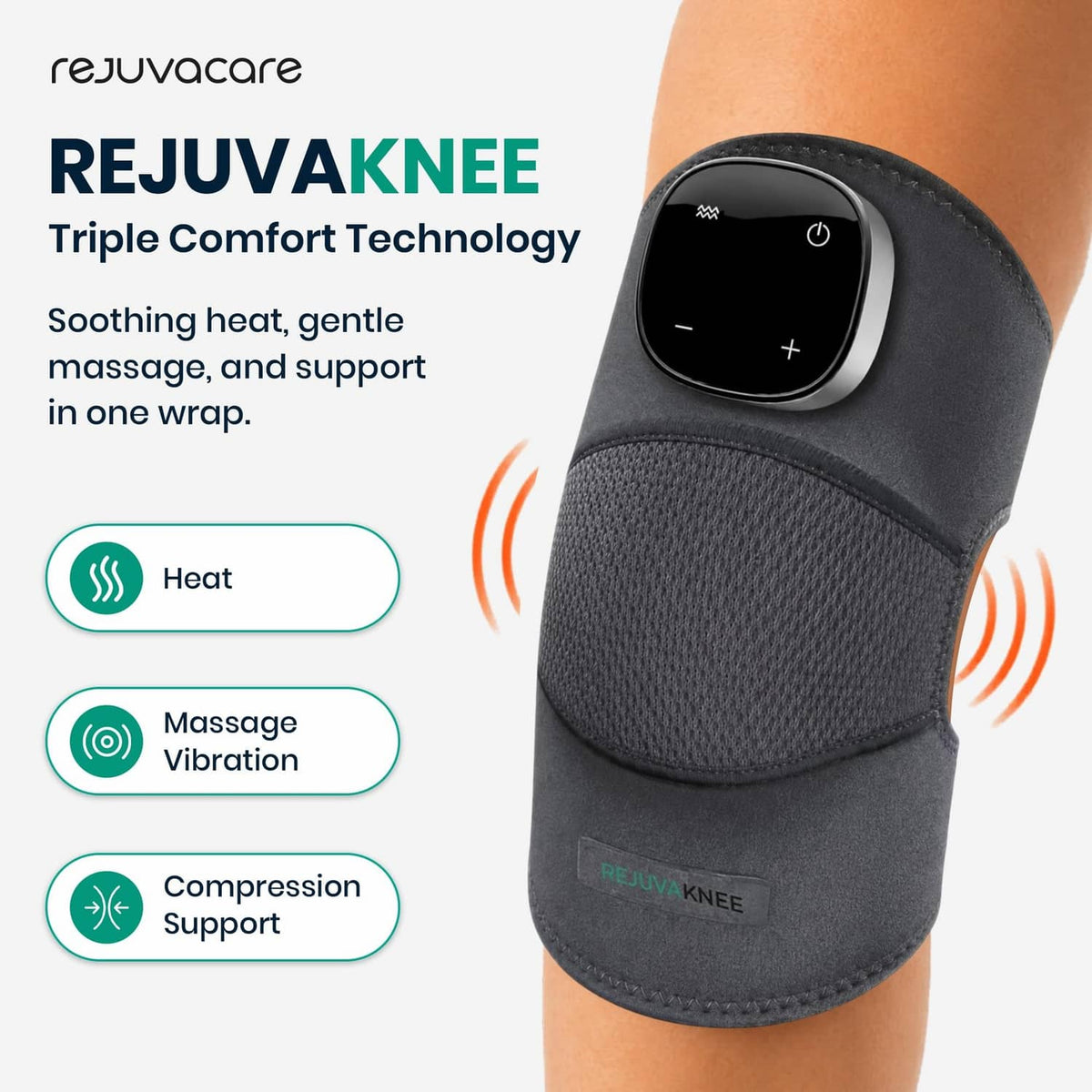 Grey knee compression massager sleeve with black top control module