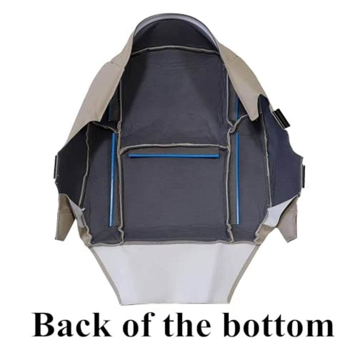 Underside of taupe seat cover with black lining and blue-edged channels