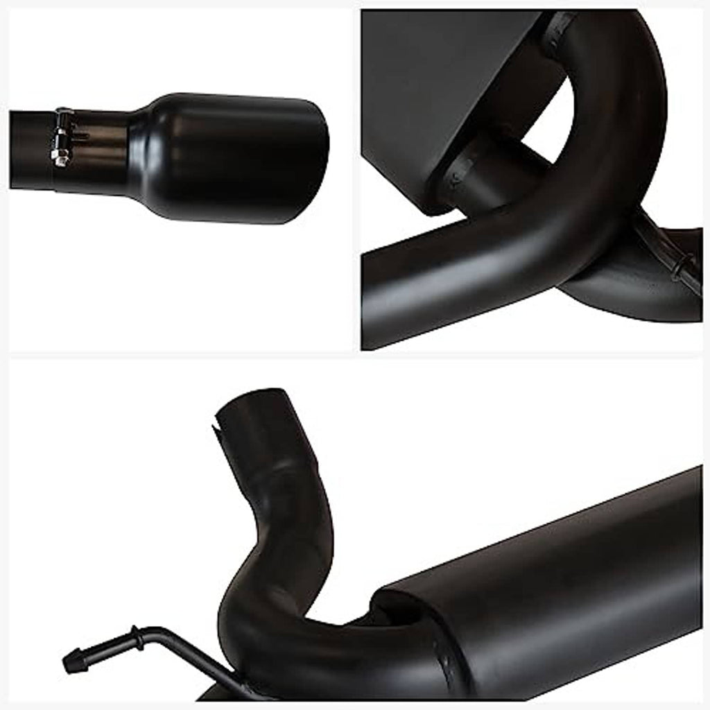 Black exhaust pipe bends with muffler connections and clamps, close-up detail