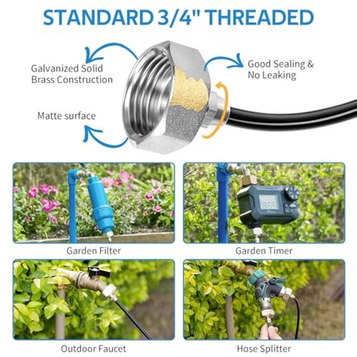 3/4-inch threaded brass faucet adapter with sealing screen and black hose