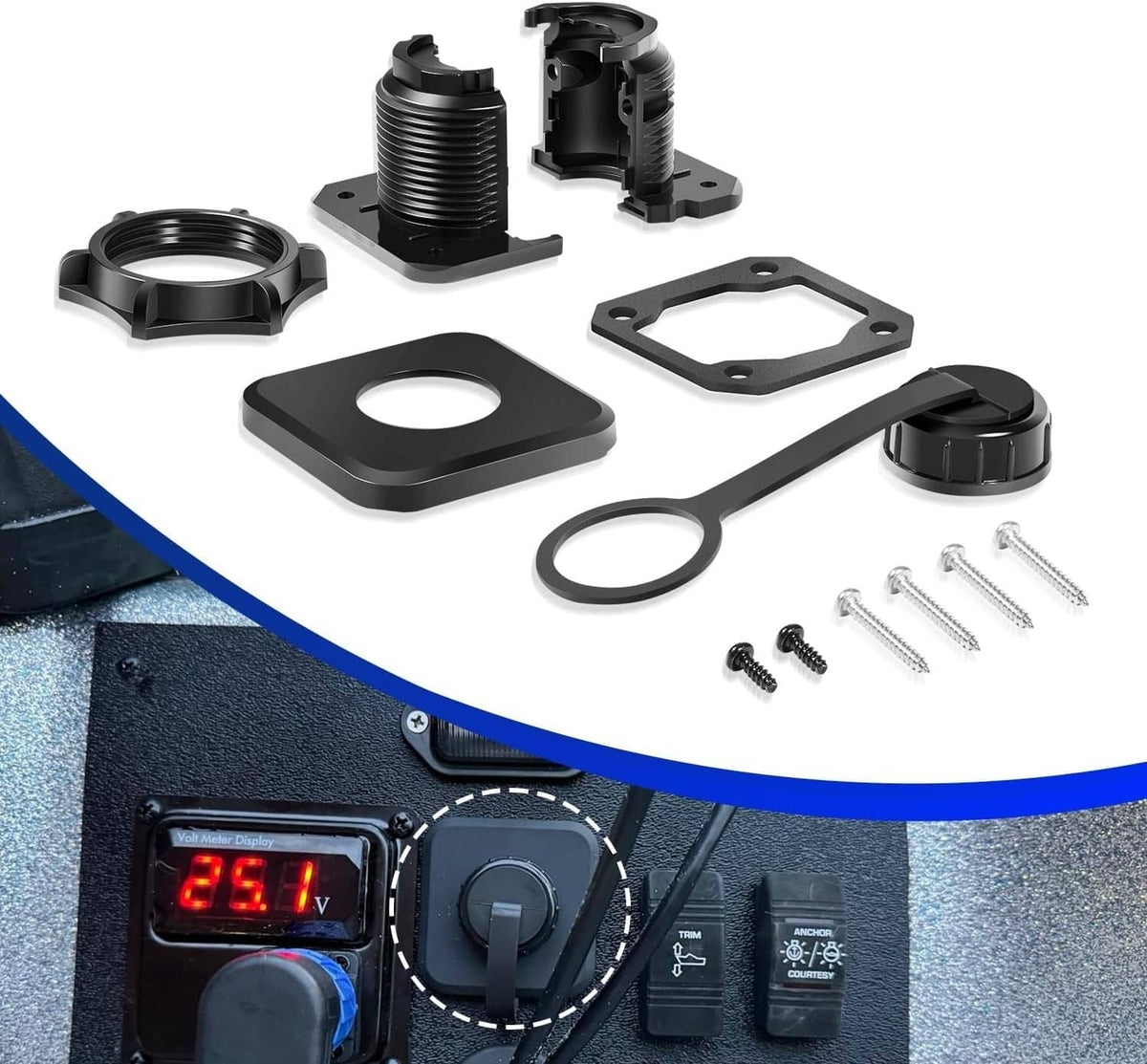 Bulkhead connector kit laid out with faceplate, gasket ring, extension cord, and hardware