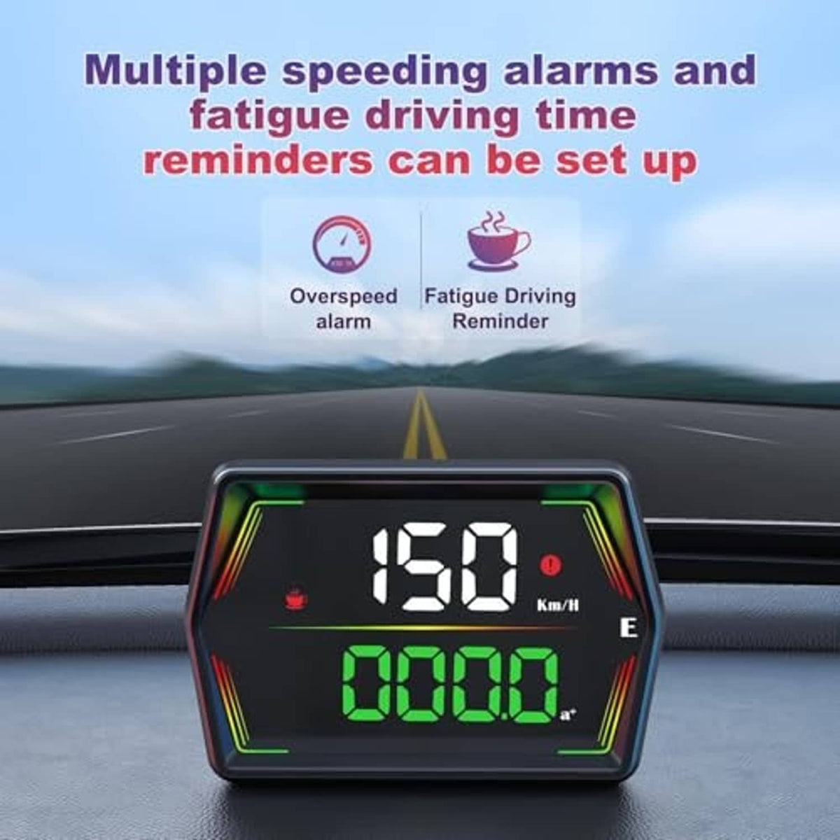 Heads-up display speedometer showing 150 km/h and green trip digits