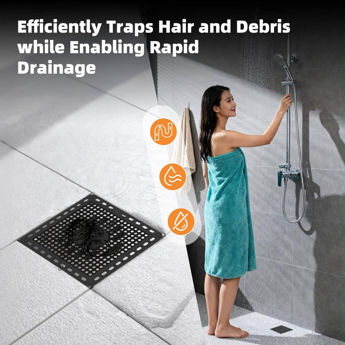 Matte black square shower drain hair catcher on tile, perforated grid with circular center