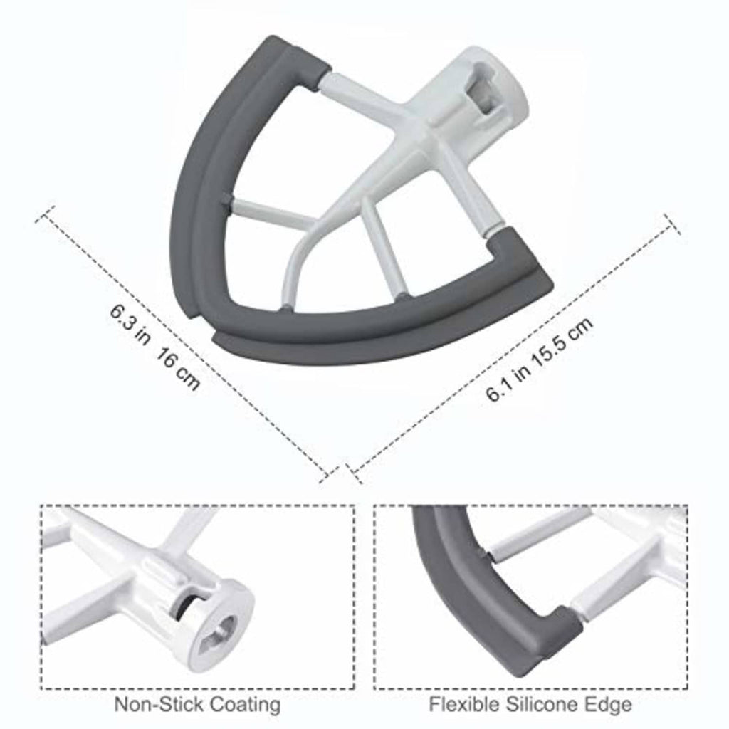 Beater attachment with gray flexible silicone edge and size measurement diagram